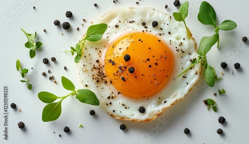 Fried egg garnished with fresh herbs and black pepper on a white plate