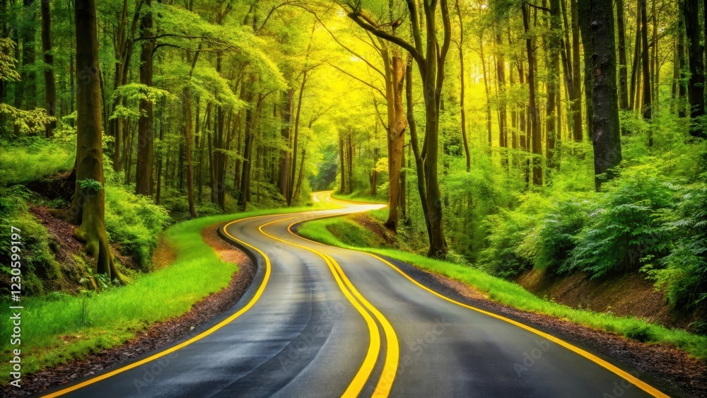 Naklejka premium Pavement Winding Through Lush Landscape , bright yellow road, woodland path