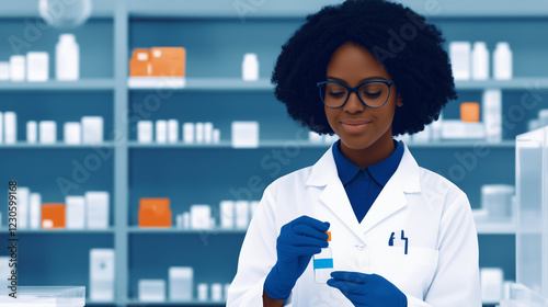 African American Female Pharmacist Examining Vials in Pharmaceutical Factory pharmaceutical quality control, medical vial inspection, pharmacist role, production line analysis, pha photo