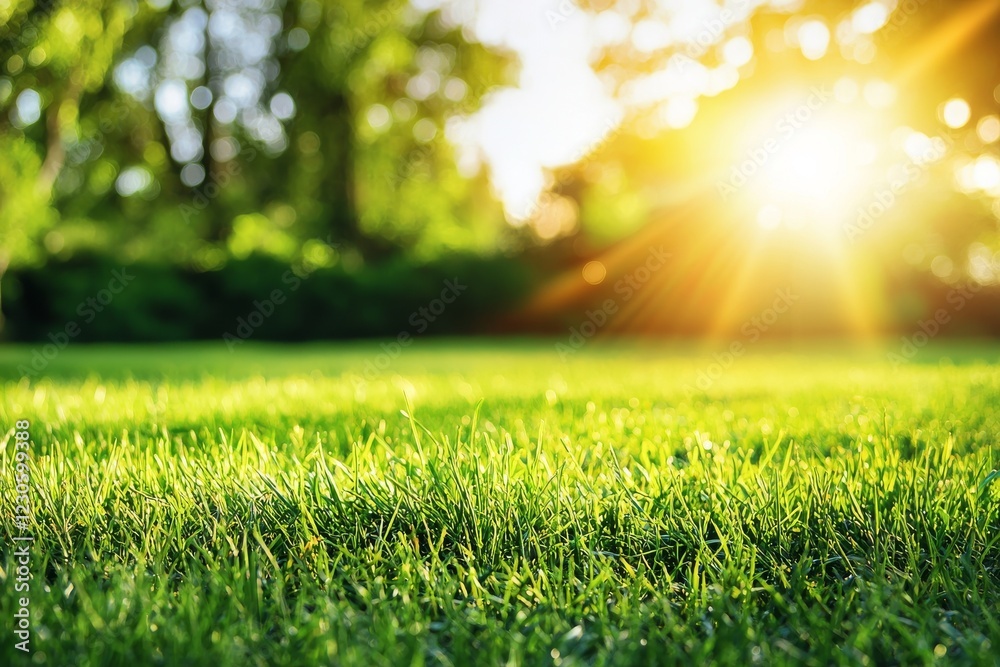 Green grass bathes a summer forest as the sun sets. Macro view with shallow depth of field. Abstract background highlighting summer nature Green grass bathes a summer forest as the sun sets. Macro view with shallow depth of field. Abstract background highlighting summer nature