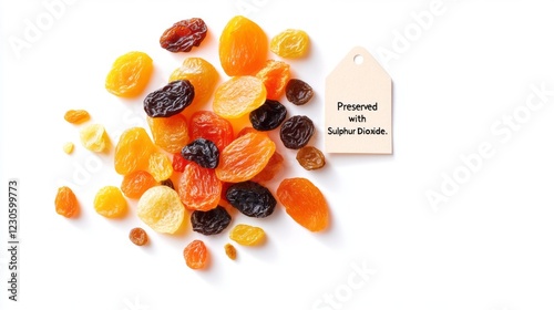 Assorted dried fruits with a label indicating sulfur dioxide preservation, related to food additives and processing photo