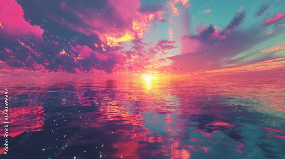 Obraz premium A breathtaking sunset over a tranquil ocean, featuring vibrant colors and dramatic clouds reflected on the water's surface.