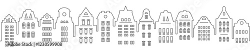 Urban abstract background. Set of Amsterdam style houses. Seamless border. Stylized facades of buildings in old European view.