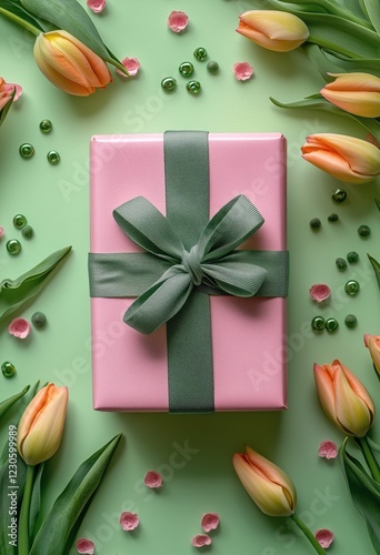 Colorful gift wrapped in pink with green ribbon surrounded by tulips and deco...