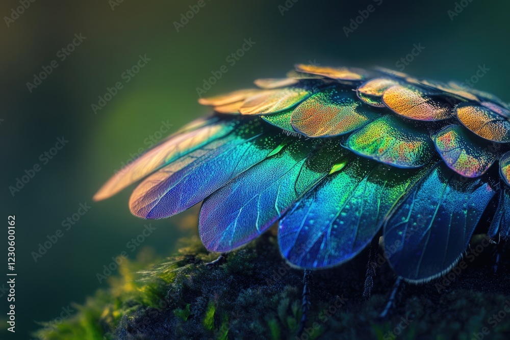 Obraz premium Macro shot of iridescent beetle wings, showcasing vibrant blue, green, and gold hues.