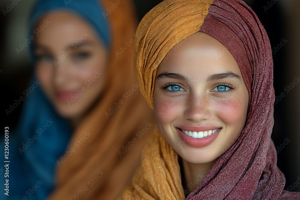 A diverse group of women from different cultures, dressed in vibrant traditional clothing, standing together with joyful expressions. A diverse group of women from different cultures, dressed in vibrant traditional clothing, standing together with joyful expressions.