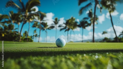 A serene golfing moment is captured in this vivid photo. A white golf ball rests prominently on the lush green grass, while blurred tropical palm trees sway gently under the bright blue sky.