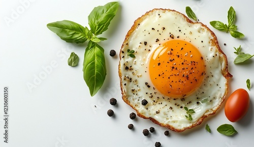 Delicious fried egg with fresh herbs and cherry tomato on a clean white backg...