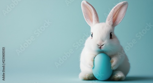 Cute white rabbit holding a blue egg against a soft blue background during sp...