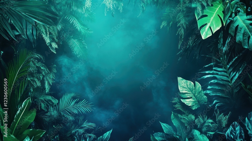 Obraz premium Lush Tropical Foliage Encircles a Mysterious Teal Background