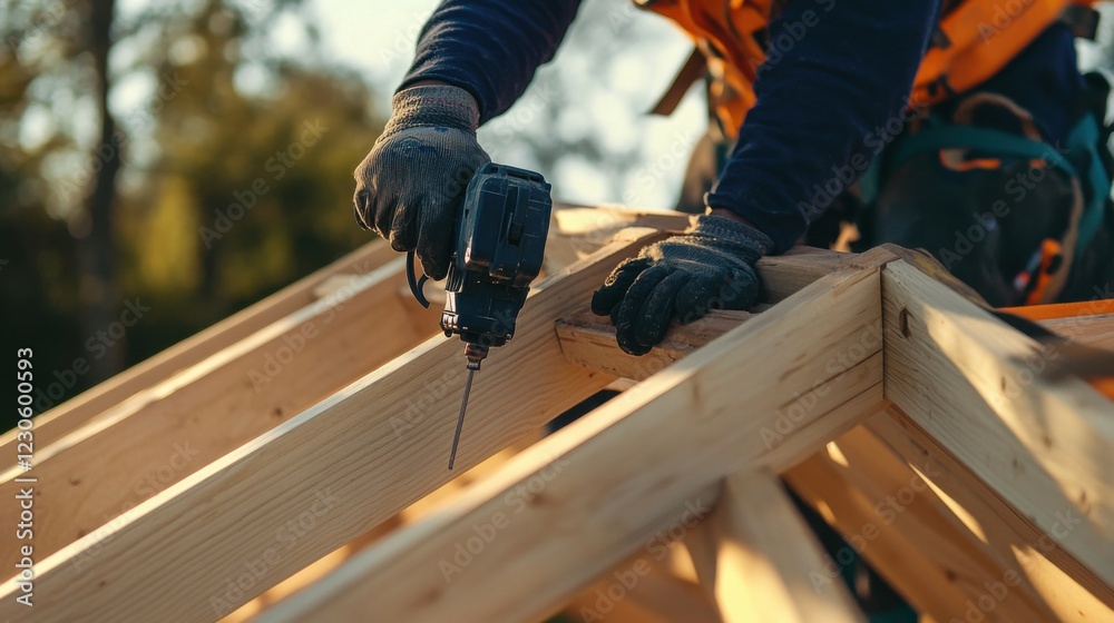 A focused shot of a carpenter using a nail gun to secure roof trusses on a residential building site, Roof truss installation scene, Skilled and meticulous style A focused shot of a carpenter using a nail gun to secure roof trusses on a residential building site, Roof truss installation scene, Skilled and meticulous style