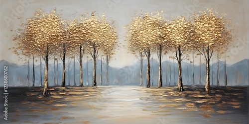 Golden Autumn Trees Landscape Painting Art