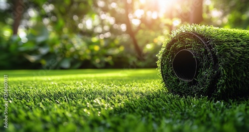 Freshly rolled artificial grass placed on lush green lawn in bright daylight
