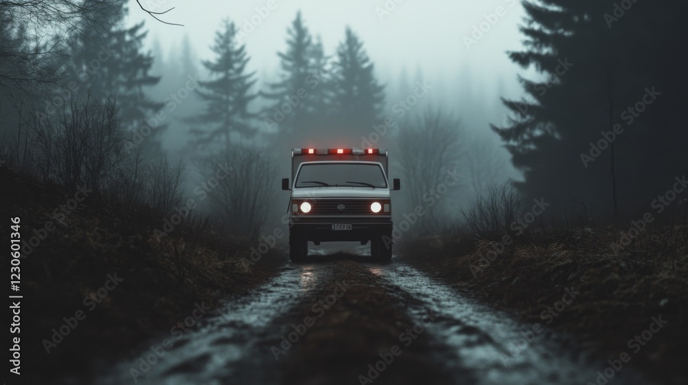 Emergency vehicle drives on foggy forest road. Emergency vehicle drives on foggy forest road.