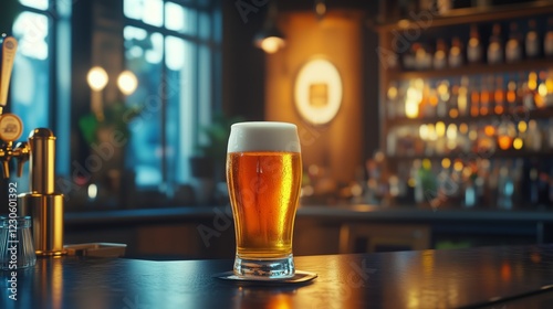 Golden beer in a glass on a bar counter in a lively pub during the evening