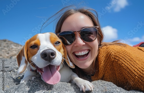 Woman and beagle enjoy a sunny day outdoors on rocky terrain with clear blue ...
