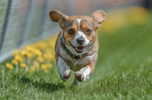 Small dog joyfully running through a grassy field with yellow flowers on a su...