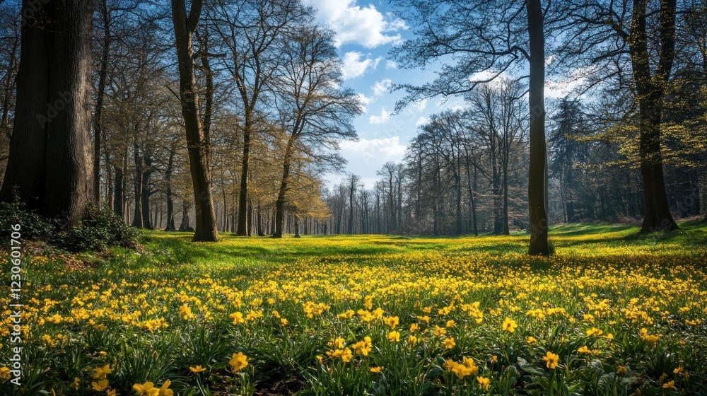 Sunlit Woodland Meadow Abundant Yellow Wildflowers Sunlit Woodland Meadow Abundant Yellow Wildflowers