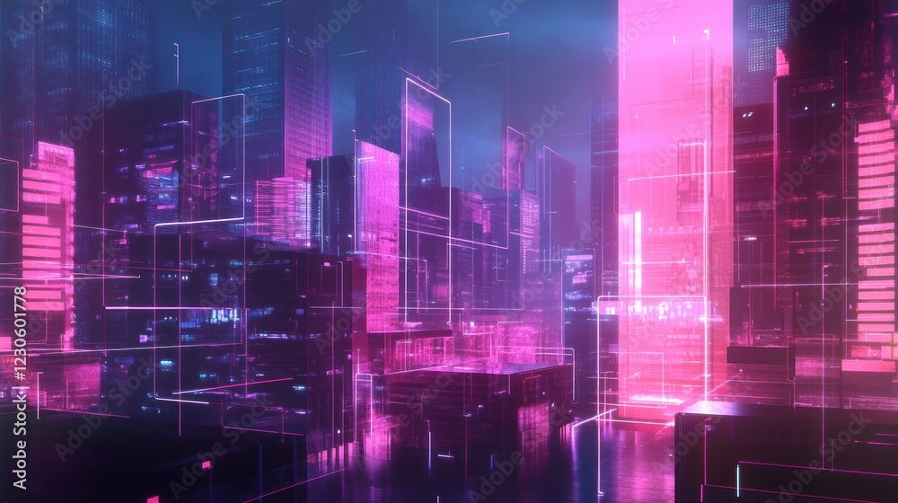 Obraz premium Futuristic Cityscape Neon Lights Digital Architecture