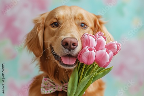 Golden retriever holds pink tulips in a colorful setting during springtime ce...