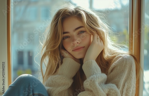 Young woman with long hair sitting by a window in soft sweater, enjoying natu...