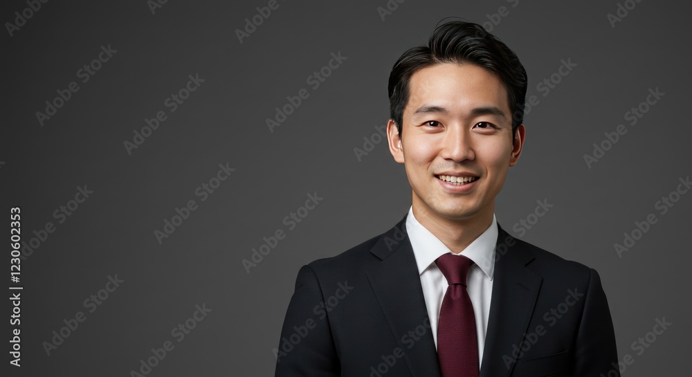 Young Asian Man Wearing Business Suit And Tie, Professional Japanese Businessman Posing With Confident Smile Young Asian Man Wearing Business Suit And Tie, Professional Japanese Businessman Posing With Confident Smile