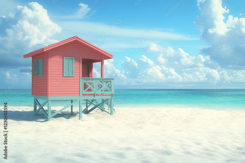 A vibrant pink beach hut stands on white sand with a turquoise ocean backdrop under a clear blue sky, evoking a serene tropical paradise.