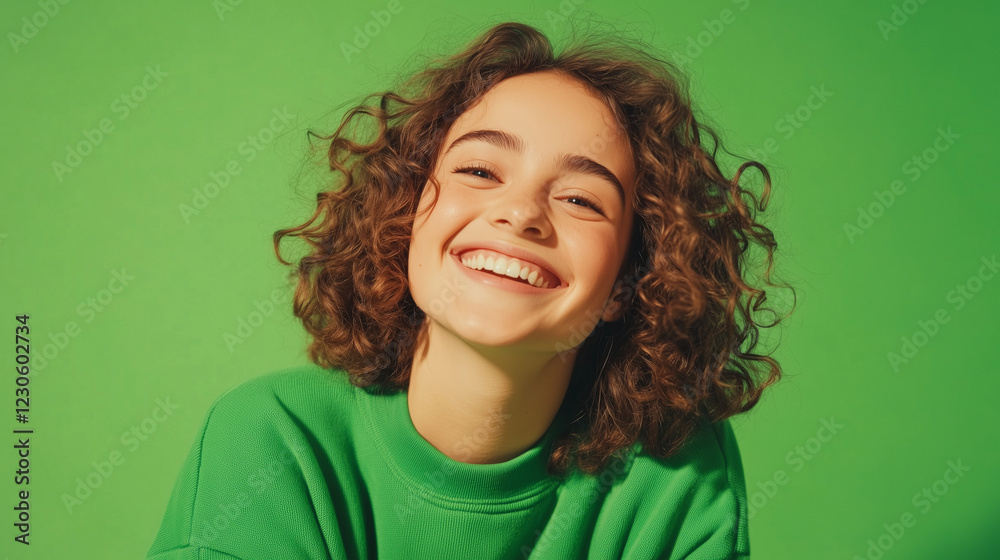 Fototapeta premium lively young woman with bouncy curls smiles brightly in a comfortable green sweater. The bold green background enhances her joyful expression and carefree spirit, making the image