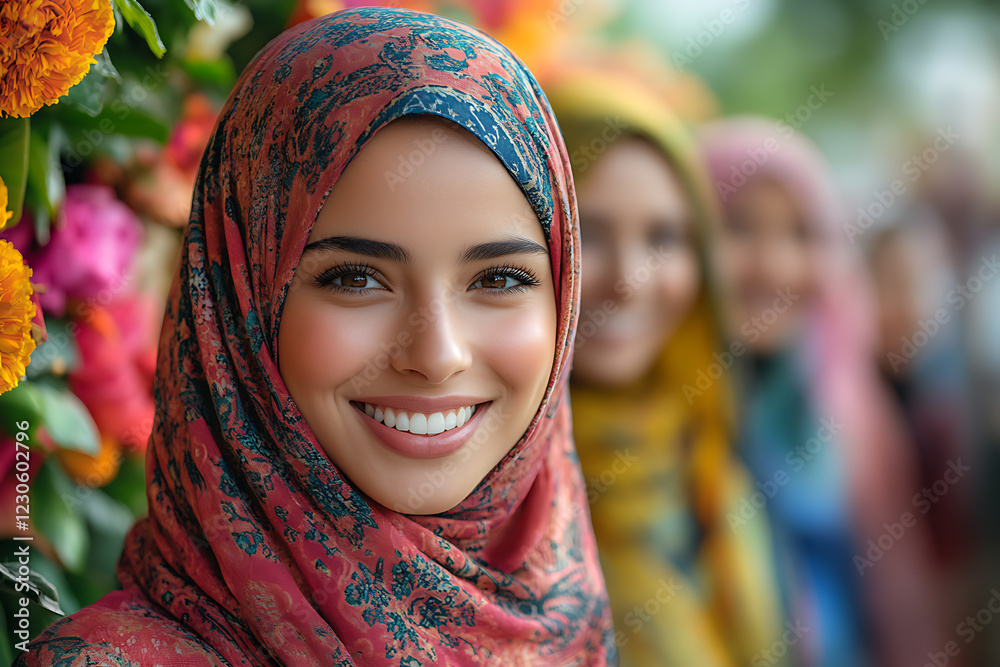 A diverse group of women from different cultures, dressed in vibrant traditional clothing, standing together with joyful expressions. 