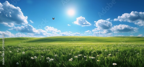 Beautiful green field under a bright blue sky with clouds and a butterfly fly...