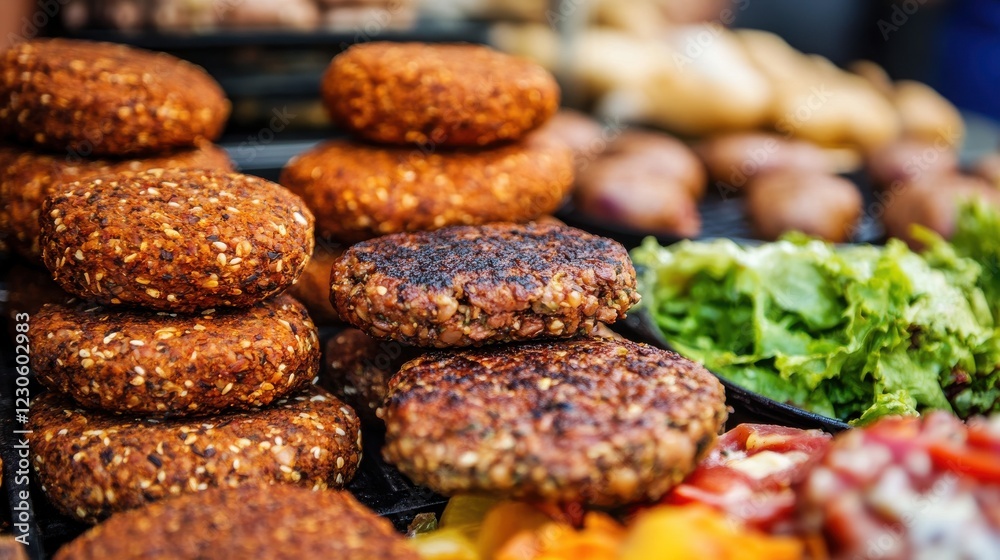 Deliciously grilled patties stacked with fresh vegetables at a vibrant outdoor market scene Deliciously grilled patties stacked with fresh vegetables at a vibrant outdoor market scene