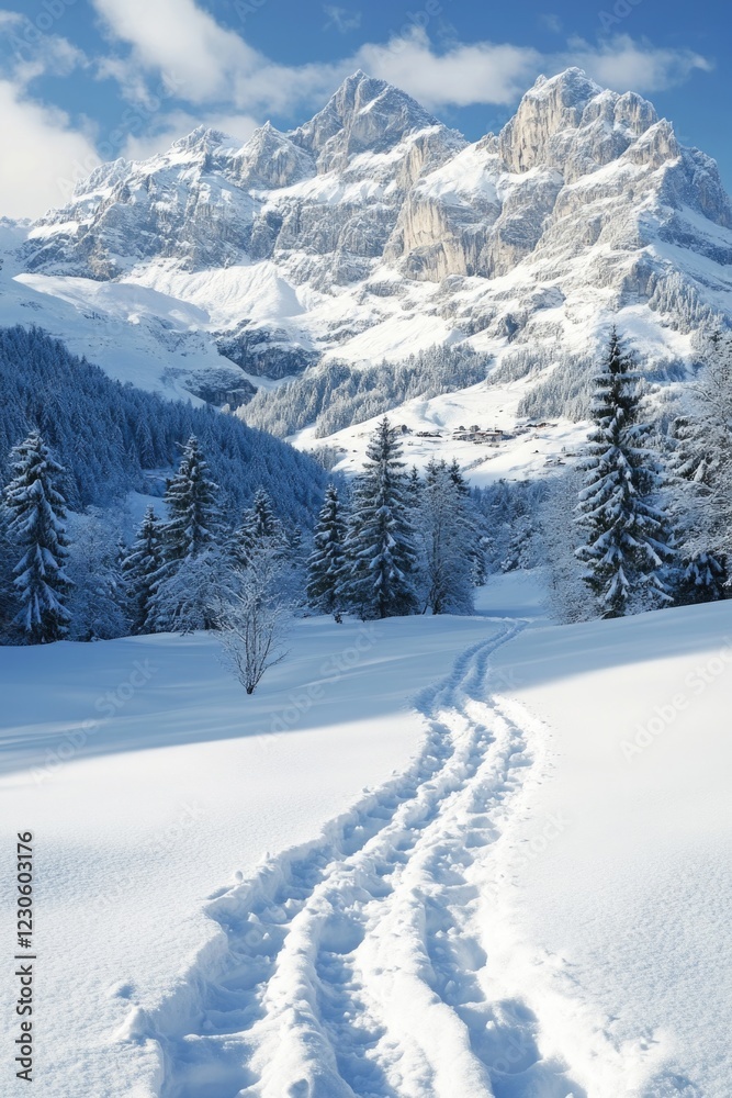Walking track through alpine forest on a sunny winter day with snow-covered mountains in the background. Walking track through alpine forest on a sunny winter day with snow-covered mountains in the background.