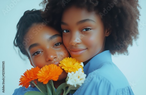 Women smiling with flowers in a bright indoor setting during daytime