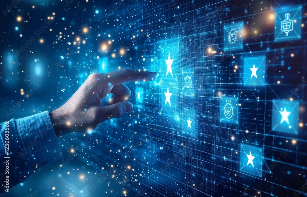 Obraz premium A hand reaching out to touch glowing digital icons representing star ratings, signifying user engagement and interaction with digital services and products in a modern environment.