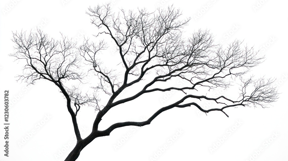 Leafless tree silhouette, winter, outdoors, white background, nature design Leafless tree silhouette, winter, outdoors, white background, nature design