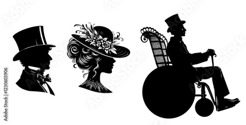 Victorian style toilet sign silhouette of male tophat and female derby hat wearers with wicker chair wheelchair vector illustration, eps file labelled