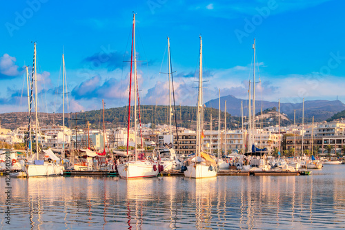 Obraz na płótnie Greece. Rethymnon. Beautiful cityscape port, arsenal, modern buildings, yachts, azure sea water on the background of stormy sky at evening, harbor. w salonie