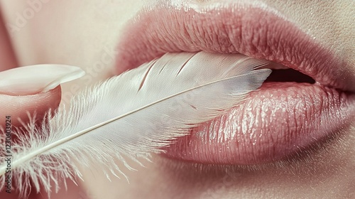   A zoomed-in image of a woman's mouth with a feather protruding from her lower lip and another white feather emerging from her upper lip photo