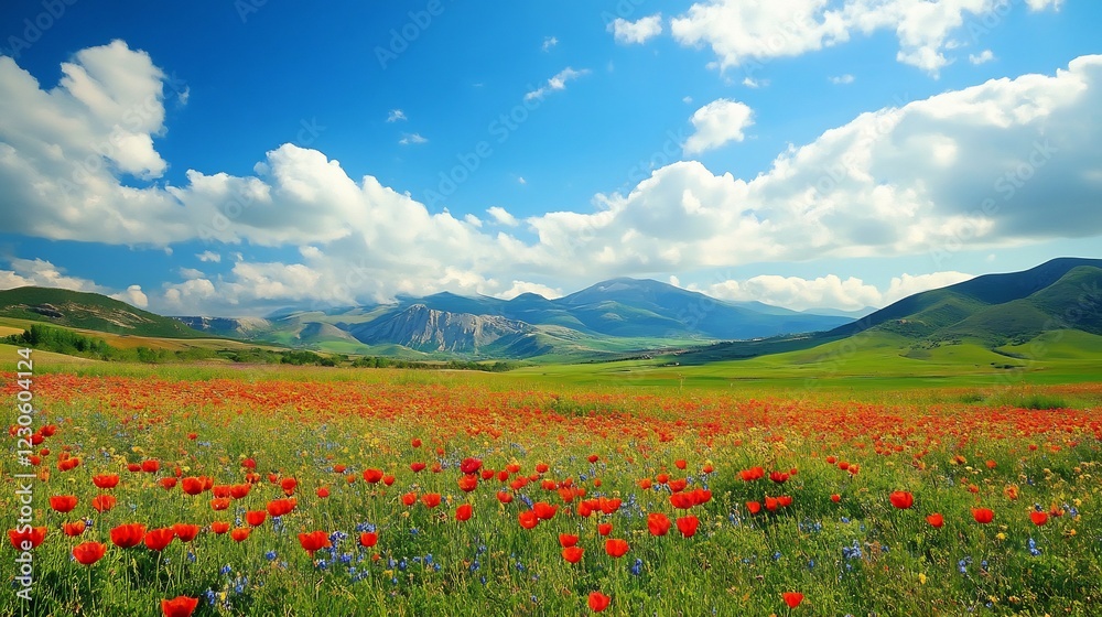 Serene Poppy Field: Vibrant Blooms Under a Sunny Sky