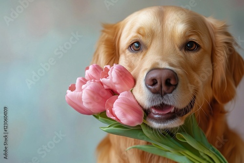 Golden retriever holds pink tulips with a joyful expression in a soft backgro...