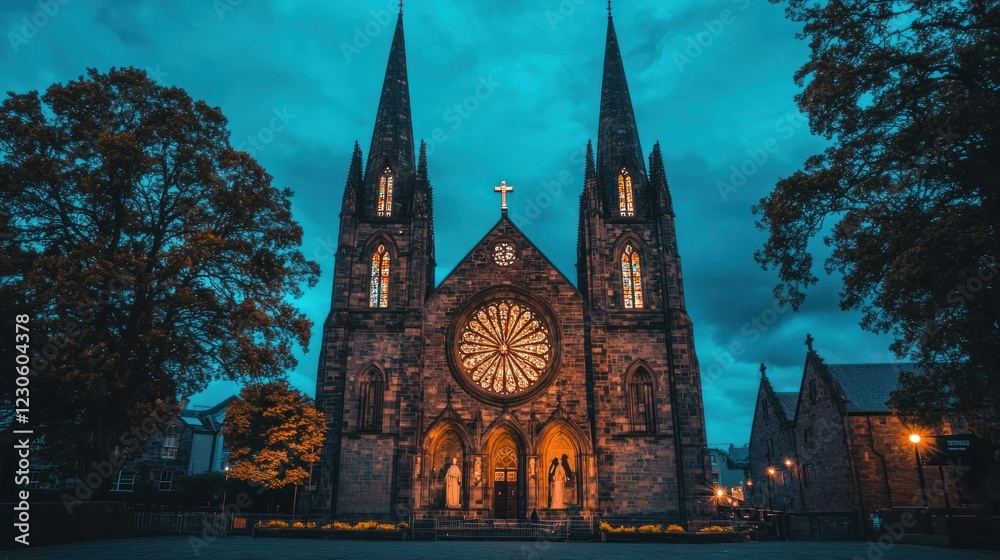 Fototapeta premium Gothic church at twilight, illuminated rose window.