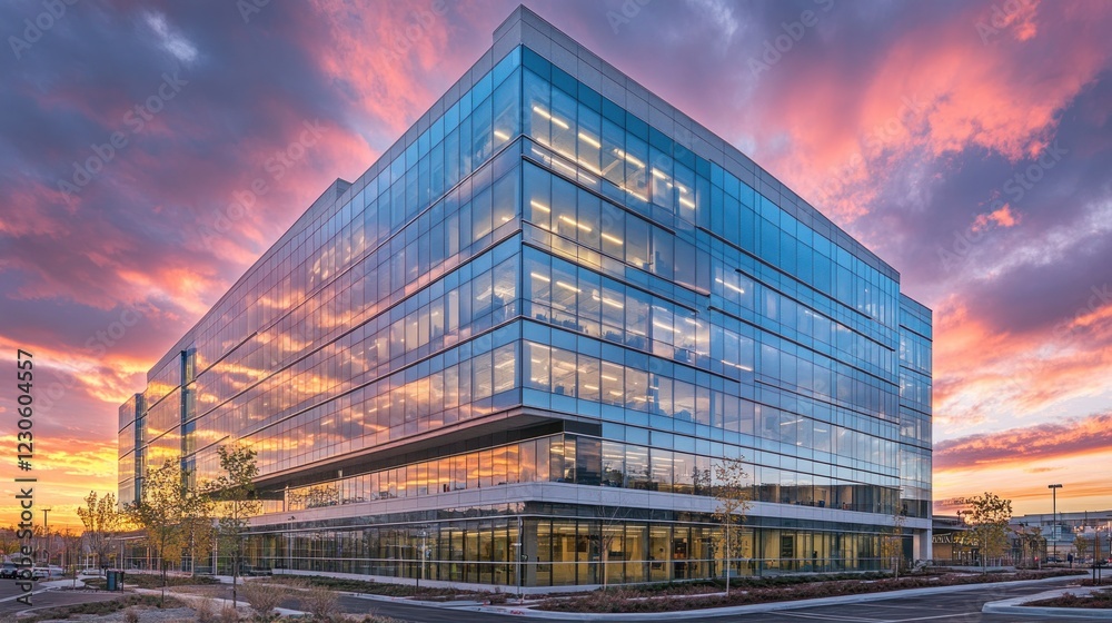 Fototapeta premium Modern Glass Office Building Sunset Sky Reflection