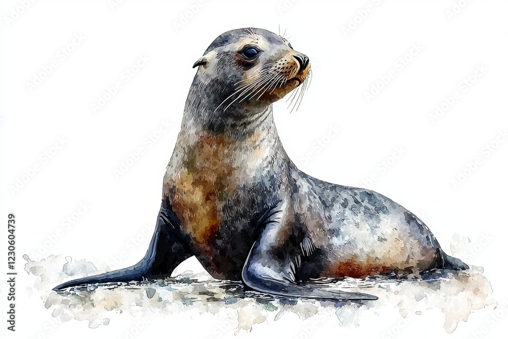 Fototapeta premium Watercolor painting of a seal, resting on the shore, gazing to the right.