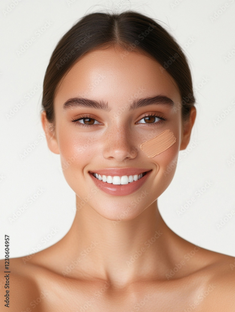 Smiling woman with band-aid on cheek in natural light Smiling woman with band-aid on cheek in natural light