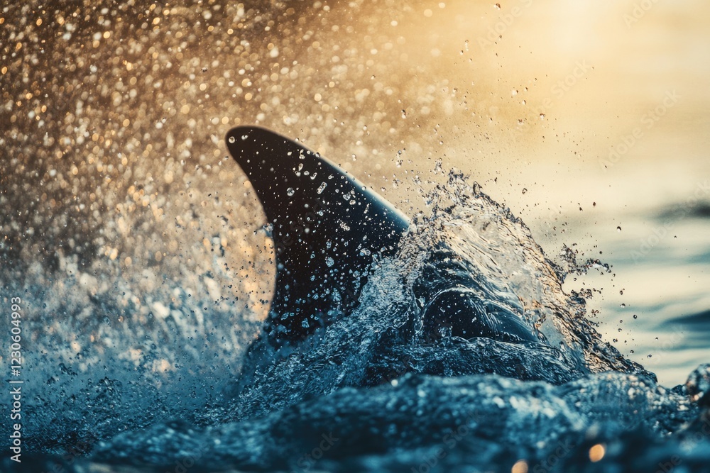 Fototapeta premium A dolphin's dorsal fin emerges from the ocean, creating a splash of water droplets in the golden sunlight.