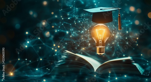 Light bulb above open book with graduation cap representing knowledge and edu...