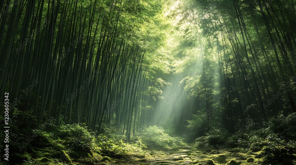 Obraz premium Serene Bamboo Forest Path: Sunlit Greens and Mystical Atmosphere