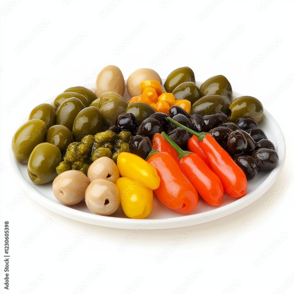 A platter of assorted pickled vegetables and olives, isolated white background, hyperrealism art style A platter of assorted pickled vegetables and olives, isolated white background, hyperrealism art style