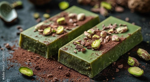Delicious green dessert with chocolate and pistachios on dark background