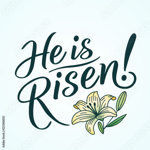 Christian banner or greeting card He is risen. Hand lettering and lily on white background. Vector Easter illustration